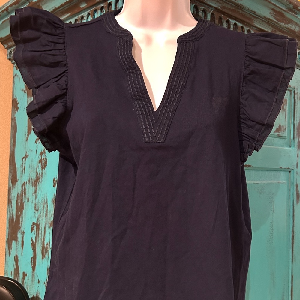 Crown & Ivy Navy Ruffle Sleeve Blouse